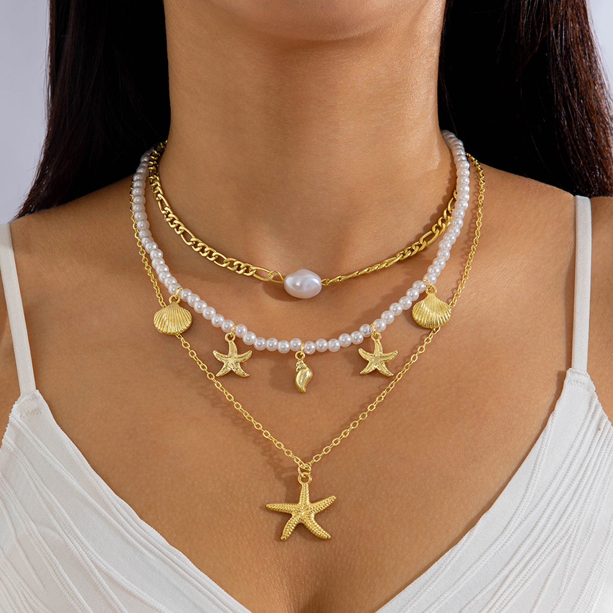 Jewelry Beaded Necklace Beach Imitation Pearl Necklace Starfish Shell Retro Vacation Small Multi-layer Necklace for Women