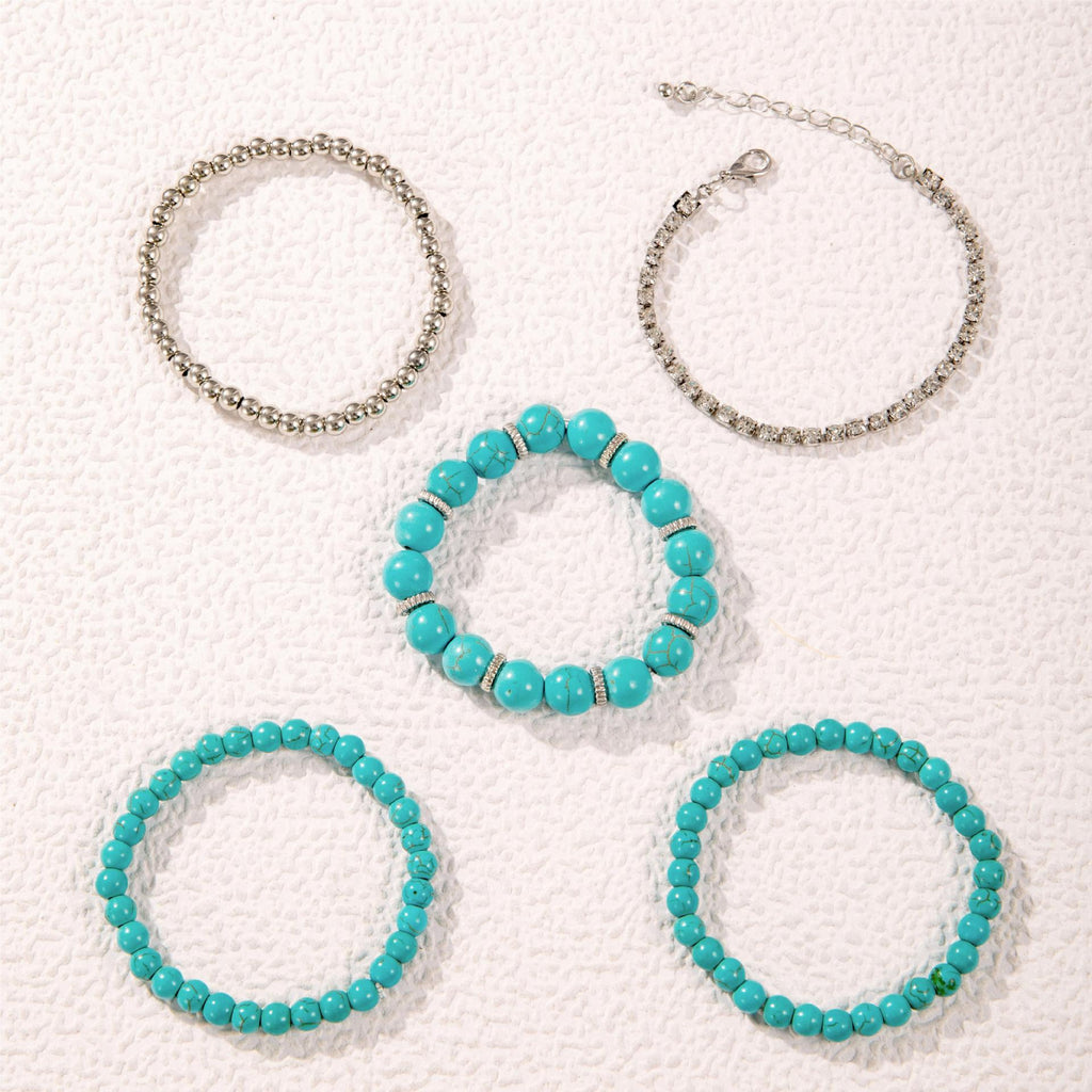 Bohemian Style Turquoise Multi-Layer Stacking Bracelet Set Light Luxury Diamond-encrusted Chain Beaded Bracelet