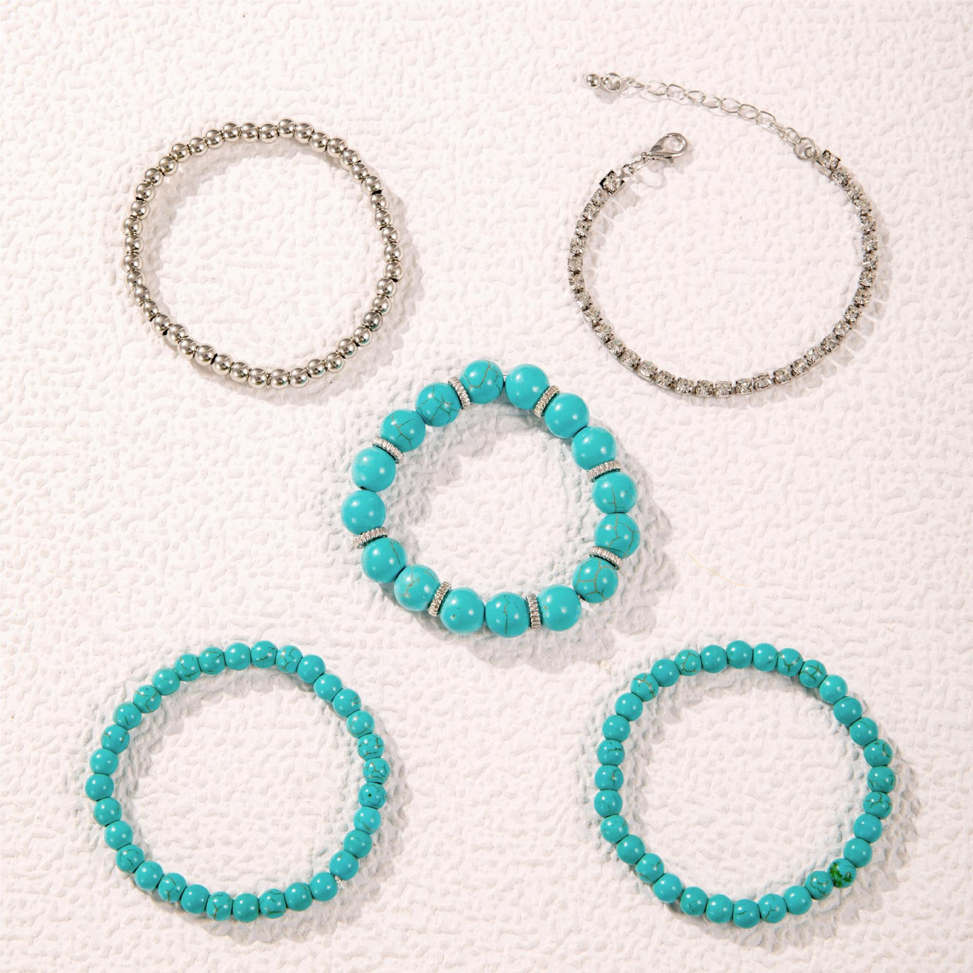 Bohemian Style Turquoise Multi-Layer Stacking Bracelet Set Light Luxury Diamond-encrusted Chain Beaded Bracelet