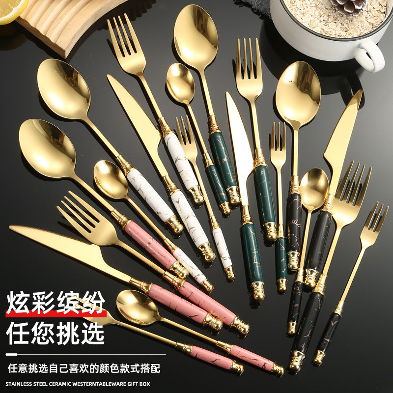 Stainless Steel Cutlery Restaurant Western Steak Knife Fork Imitation Marble Pattern Ceramic Handle Knife Fork Spoon Tea Spoon Tea Fork Set