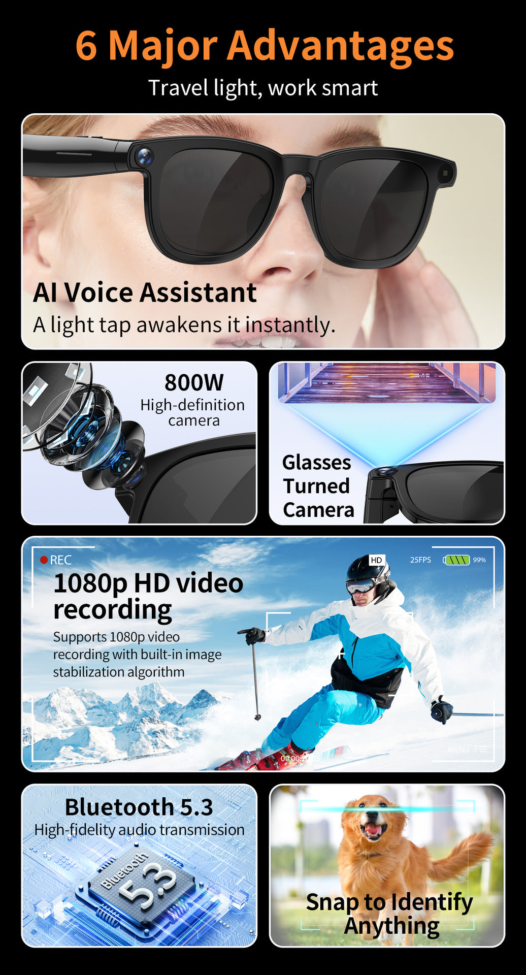 V3Smart Glasses800100 Megapixel Camera AI Translation Character Recognition Anti-Shake1200P Video Recording Audio Recording