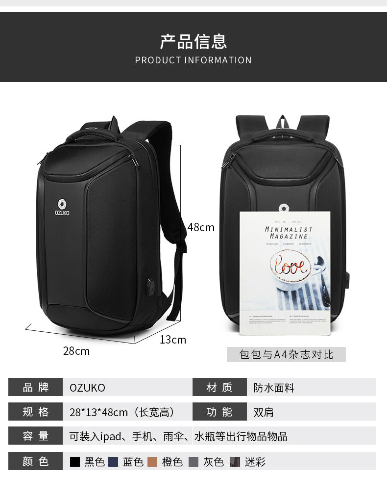 ozuko New Men's Business Backpack School Bag Student Multifunctional Computer usb Waterproof Korean Style Backpack