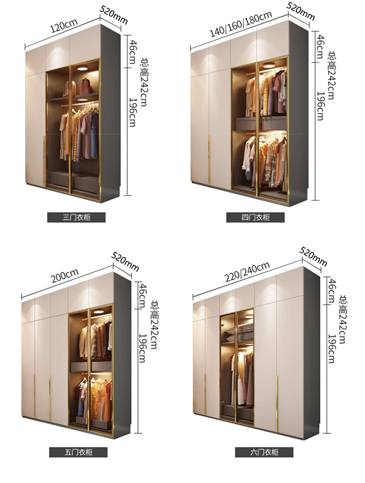 Flat Door Glass Door Wardrobe Modern Household Bedroom Cloakroom Four-Six-Eight Door Assembly Wardrobe Storage Large Wardrobe