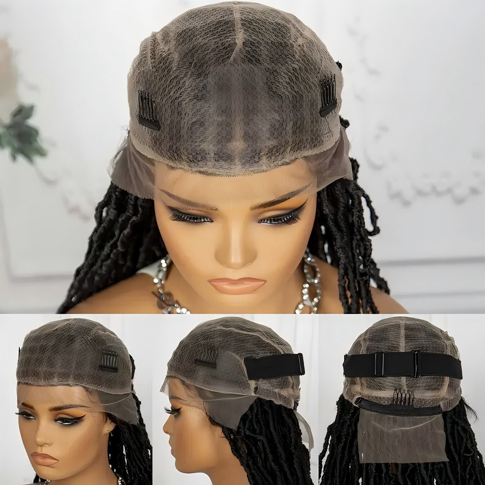 Foreign Trade Cross-Border European American African Wig Synthetic Full Lace Earthworm Curved Head Wig Faux Locs Full Lace