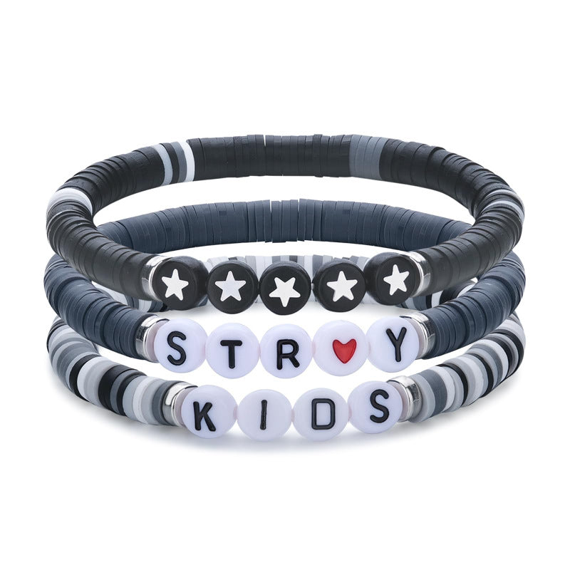 Black and Gray Soft Clay Star Bracelet Elastic Cord Friendship Music Support Bracelet KIDS Alphabet Soft Clay Bracelet Set