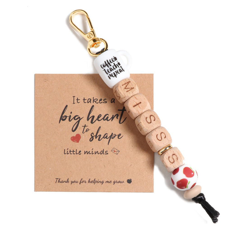 Teacher Appreciation Water Bottle Pendant Thank You Teacher Apple Ornament MISS Letter Square Wooden Bead Keychain Jewelry Accessories