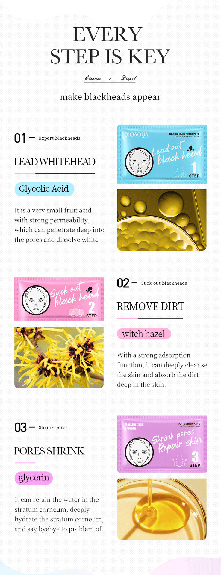 Three-Step Blackhead Removal Nose Strips BIOAOUA Clean Pores T District Nursing Set Cross-Border Wholesale