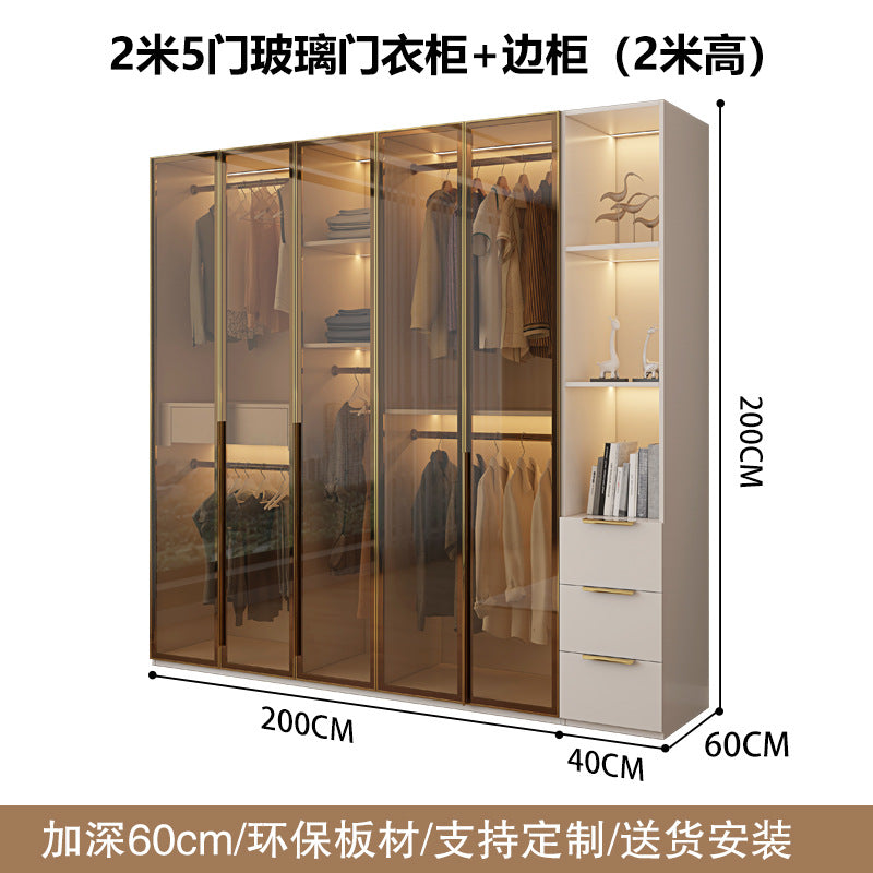 Glass Door Wardrobe with Lights, Solid Wood, Home Bedroom, Modern Simple European Pine Board, Cream Color, Skin Feel Storage, Large Wardrobe