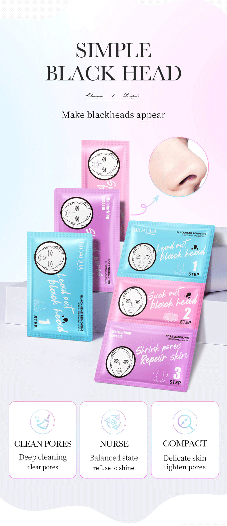 Three-Step Blackhead Removal Nose Strips BIOAOUA Clean Pores T District Nursing Set Cross-Border Wholesale