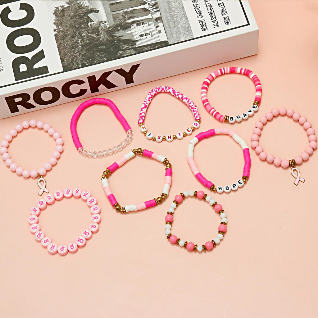 European and American Care Gift Bracelet Letter Soft Clay Acrylic Bracelet for Friends Friendship Women Pink Ribbon Bracelet