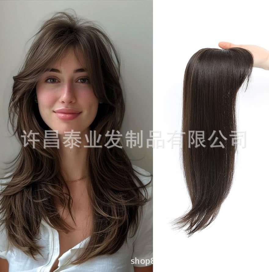 Replacement Hairpiece Top Export Synthetic Hair Scalp Hair Block Eight-Character Bangs Long Curly Hair Women's Seamless Hair Block