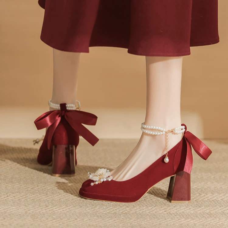 Red Thick-Soled Height-Increasing Wedding Shoes for Women2025New Bride Shoes Xiuhe Wedding Dress Dual-use Thick Heel Not Tired Feet High Heels