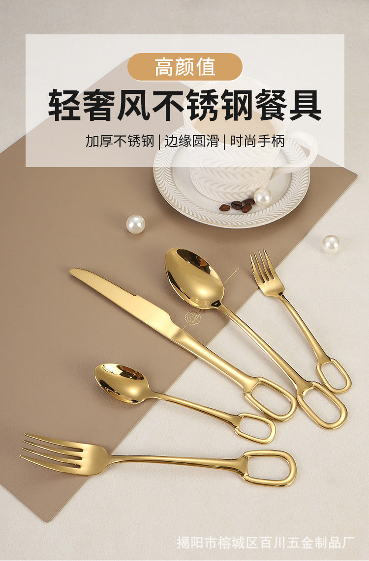304Stainless Steel Western Cutlery Set with Rings, Steak Knife, Fork, Spoon, European Style Hanging Hole Tea Spoon with Tail Set