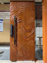 Villa Home Outdoor Timber Door for House Gong groove Line Carving Solid Wood Front Entry Pivot Door with Black Long Handle