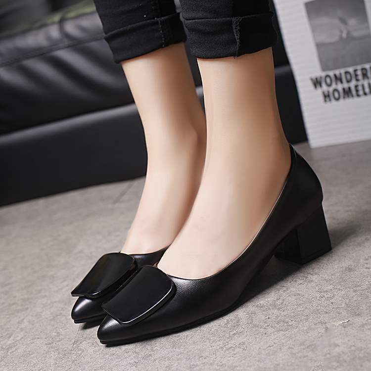 Spring and Autumn New Style Small Leather Shoes Thick Heel Square Buckle Single Shoes High Heels Black Professional Shoes Mid Heel Work Shoes Women's Shoes