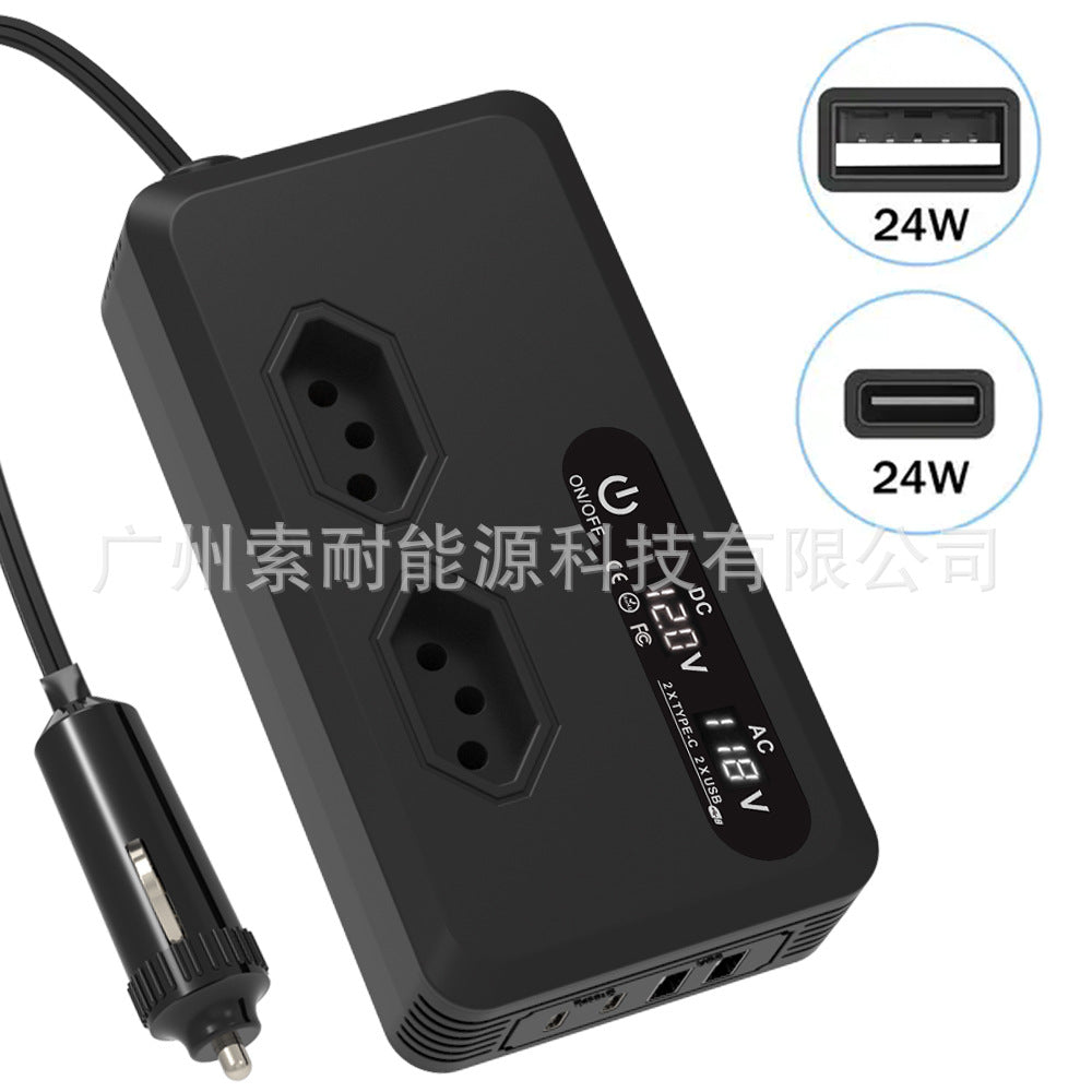 Brazilian standard socket car inverter200W Hot Sale12V Turn110V/220V Double USB Double Type-C