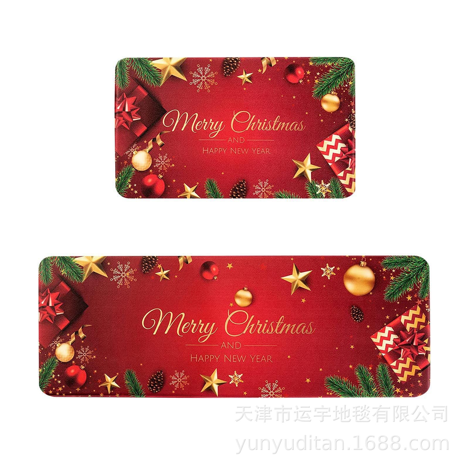 Christmas Kitchen Floor Mat Two-Piece Set Crystal Velvet Water-Absorbent Oil-Absorbent Non-Slip Foot Mat Holiday Decorative Floor Mat