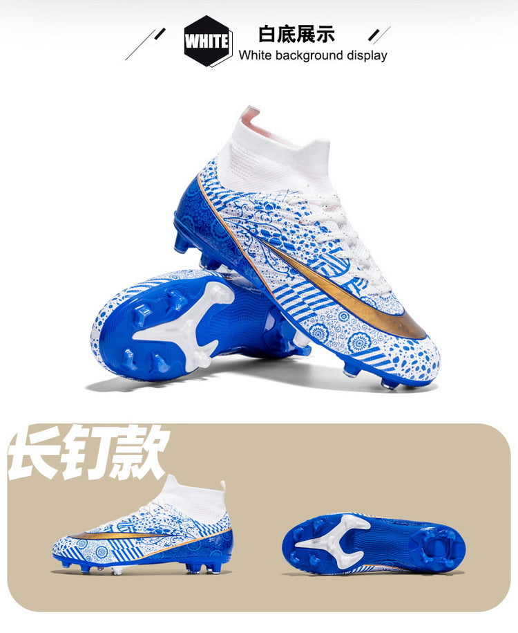 World Cup Same Style Blue and White Porcelain High-top Soccer Shoes for Men and Women, Children and Youth Competition Training Shoes