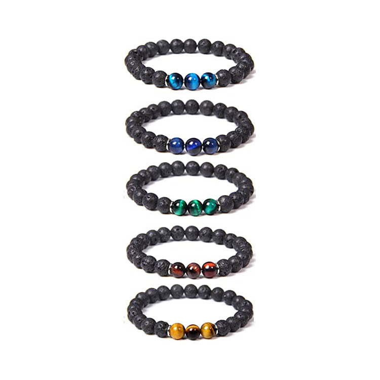 Blue Tiger Eye Stone Bracelet Single Circle Natural Stone Beaded Bracelet Volcanic Stone White Pine Chicken Wing Wood Long Bracelet