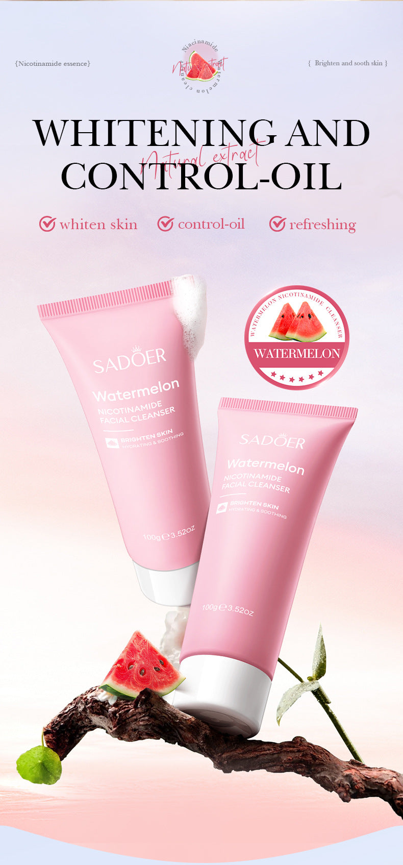 Niacinamide Watermelon Facial Cleanser SADOER Deep Cleansing Facial Cleanser Cross-Border Wholesale