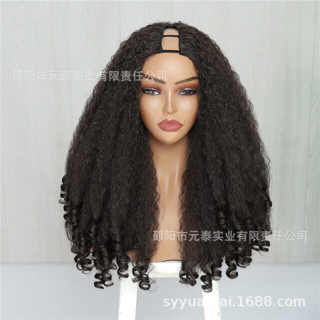 Africa YAKI Straight Hair with Curly Ends Synthetic Wig V High-Temperature Fiber Wig with Hollow Top