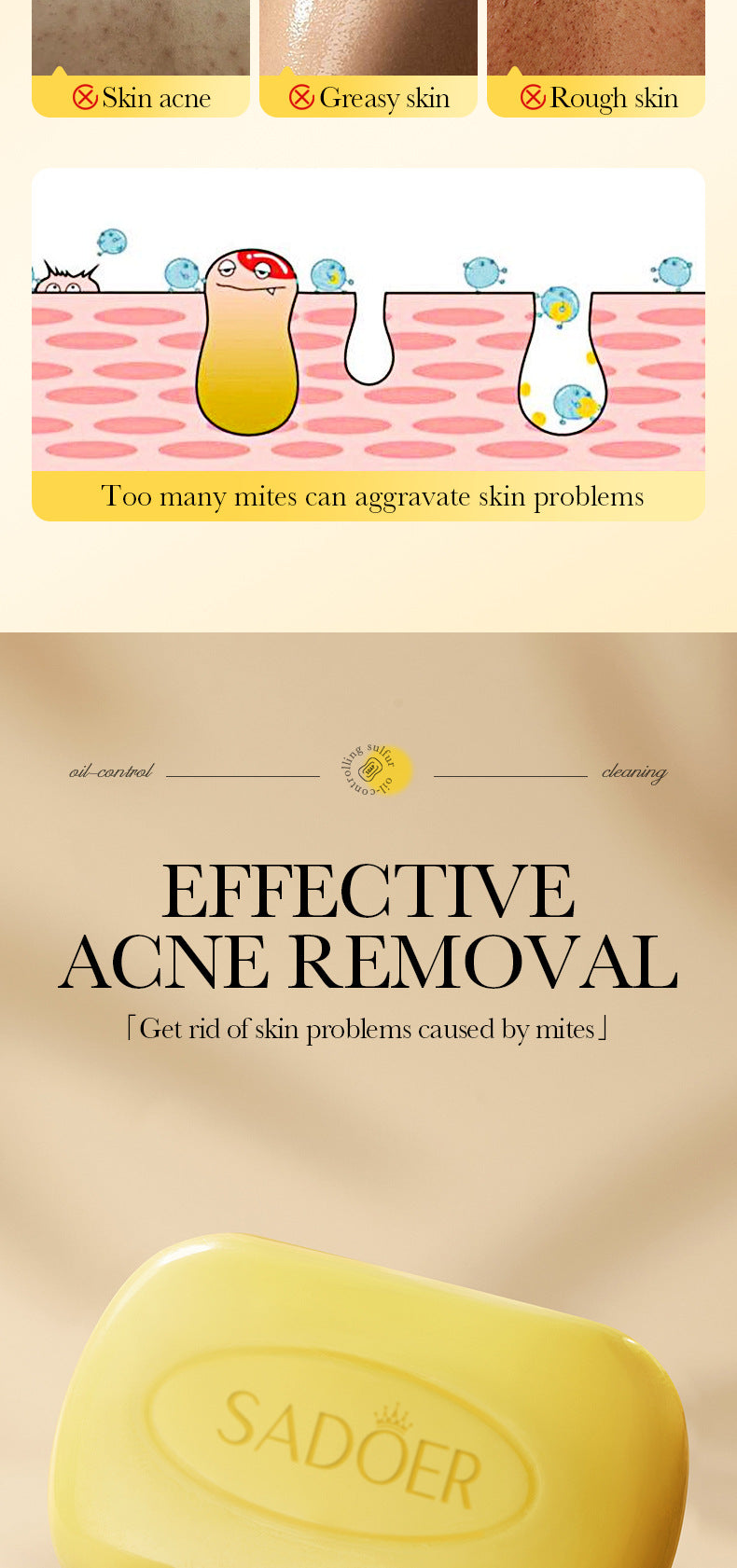 Sulfur Mite Removal Soap125gSADOER Universal Handmade Soap for Body Cleansing, Fragrant Soap, Cross-Border Wholesale