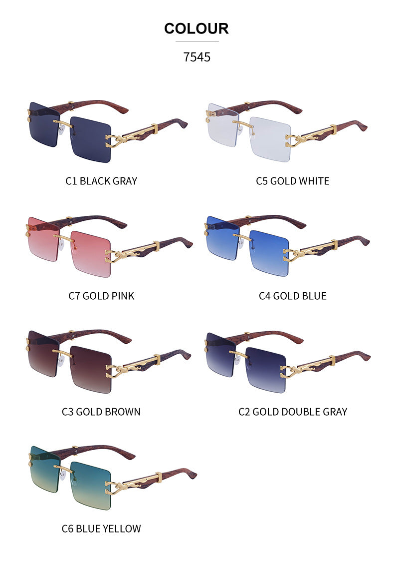 Vintage Rimless Sunglasses for Women with Leopard Wood Grain Temples, Square Frame Sunglasses for Men, Trendy Eyewear shades
