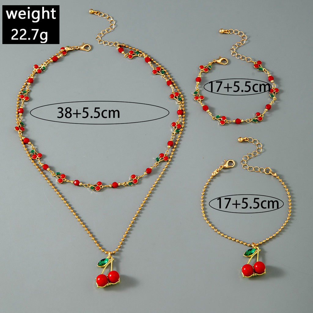 European and American Style Jewelry Light Luxury Imitation Pearl Cherry Necklace High-End Versatile Grass Multi-Layer Stacking Necklace Wholesale
