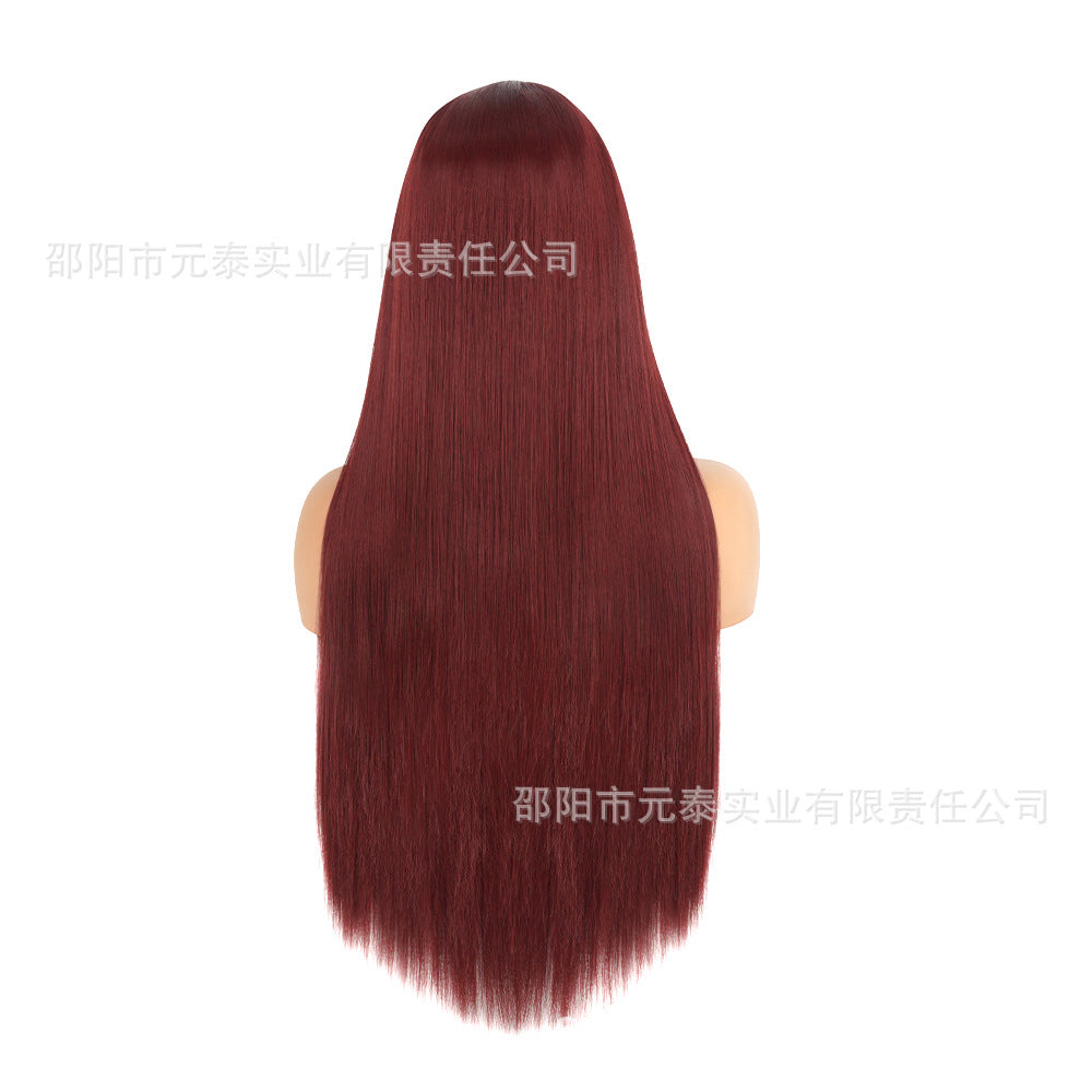 Front Lace13*4Wig in burgundy color28Inch Long Straight Hair Synthetic Fiber Headband Hot Sale wigs High-Temperature Wig with Side Bangs