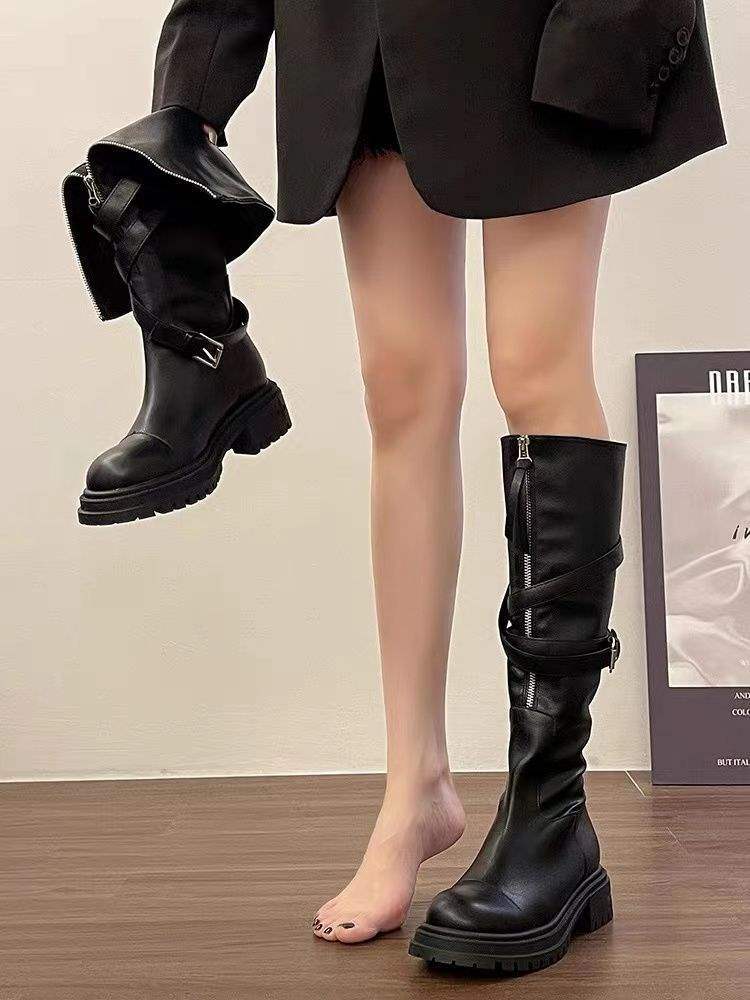 2025Spring and Autumn New Over-the-Knee Boots Women's Martin Boots Belt Buckle Thick-Soled Motorcycle Rider Boots High Tube Fashion Boots