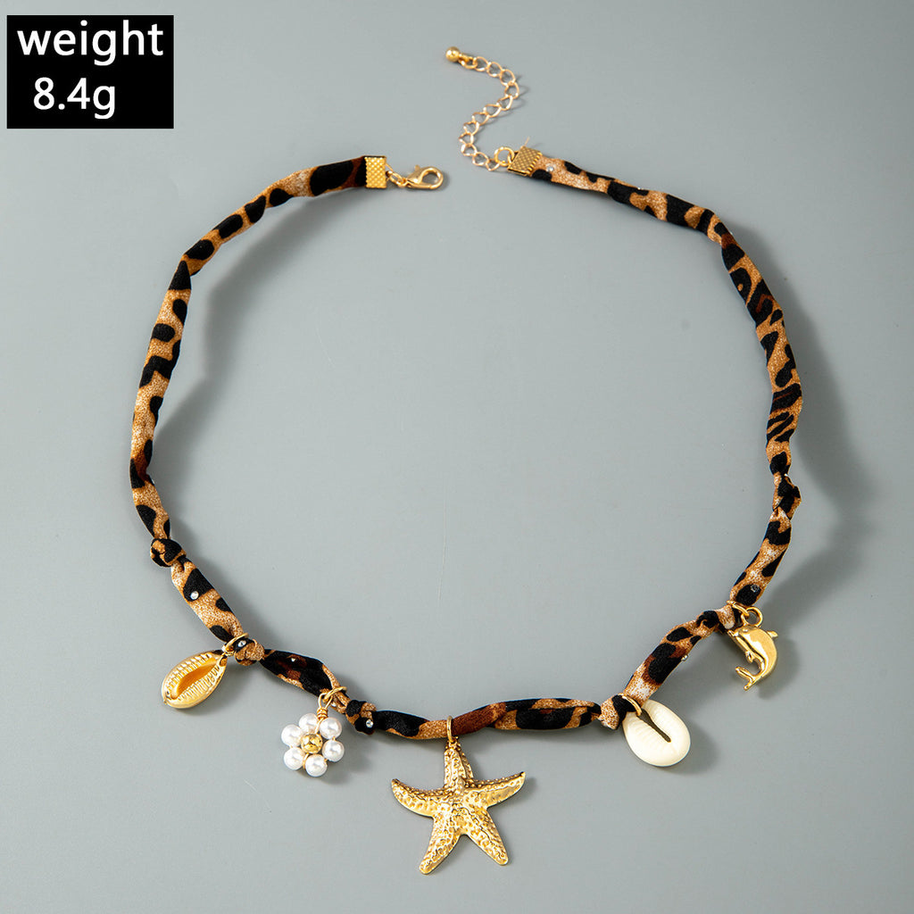 European and American Style Ocean-themed Cross Conch Starfish Pendant Leopard Print Exaggerated Necklace Collarbone Chain Jewelry