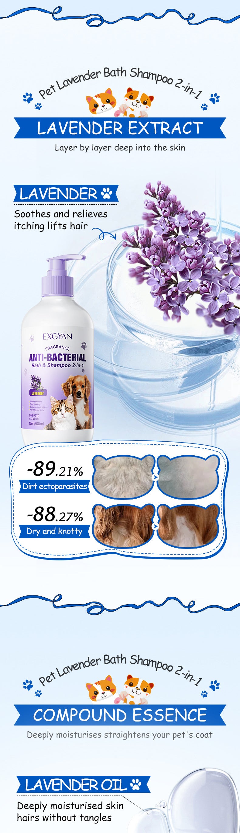 Pet Lavender Bath and Shampoo 2-in-1 EXGYAN Cat and Dog Bath Gel Cross-Border Wholesale