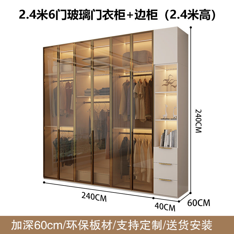 Glass Door Wardrobe with Lights, Solid Wood, Home Bedroom, Modern Simple European Pine Board, Cream Color, Skin Feel Storage, Large Wardrobe