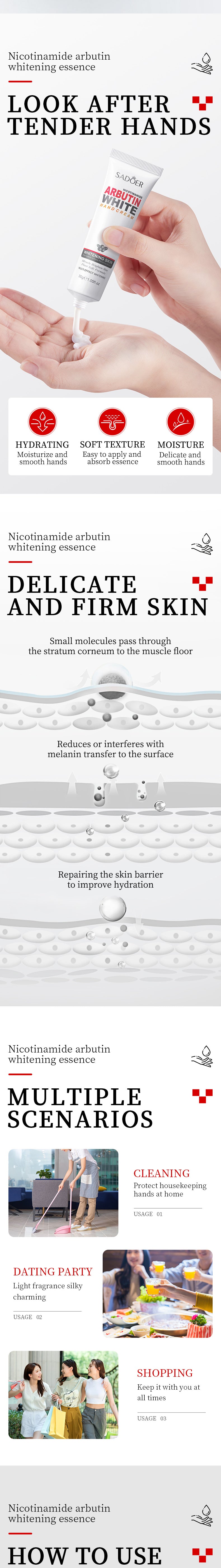 Full English Whitening Hand Cream SADOER Niacinamide Arbutin Skin Rejuvenation Moisturizing Hand Cream  Wholesale