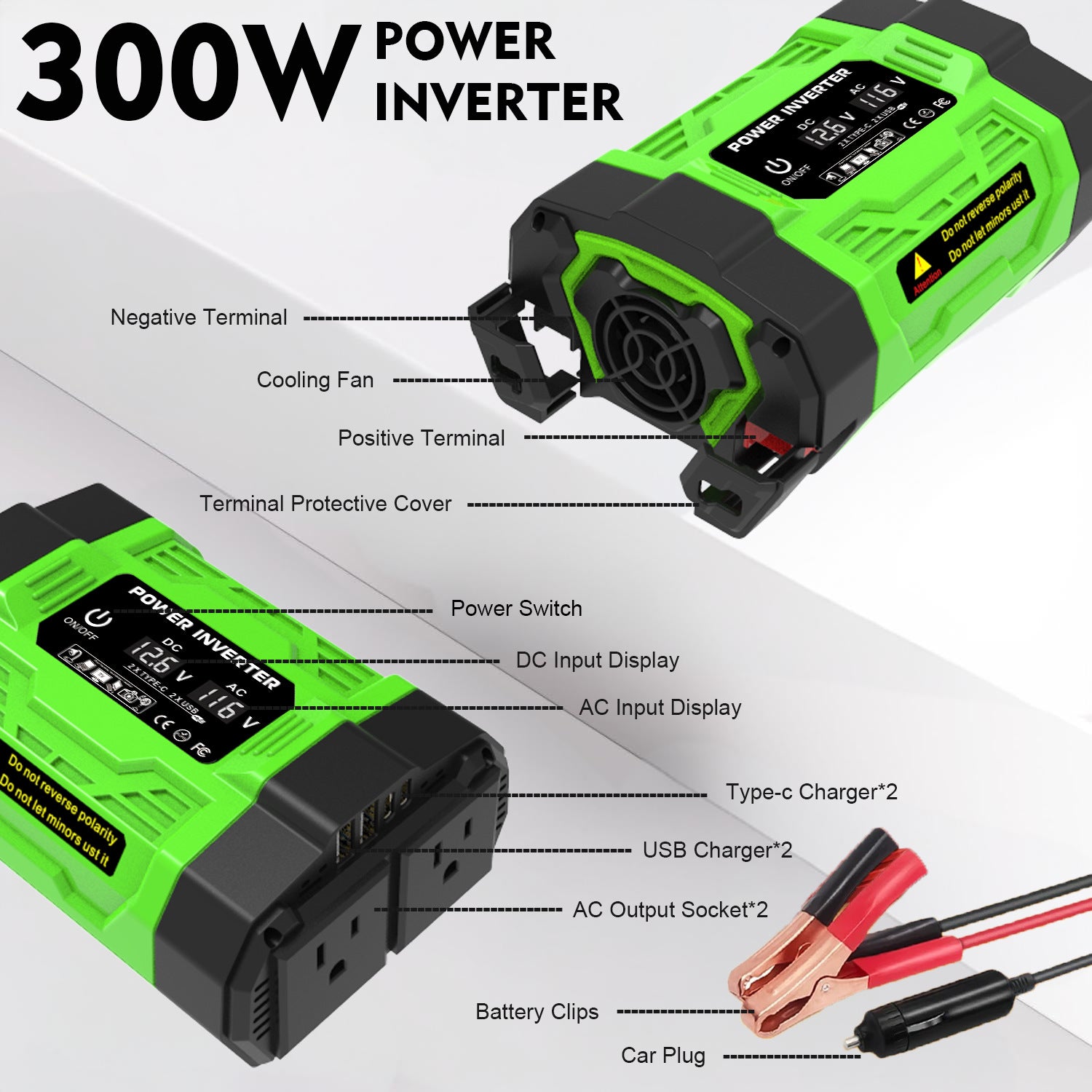 US Standard Socket Car Inverter200W 300W 600W12V Turn110V Dual Socket Dual USB Double Type-C