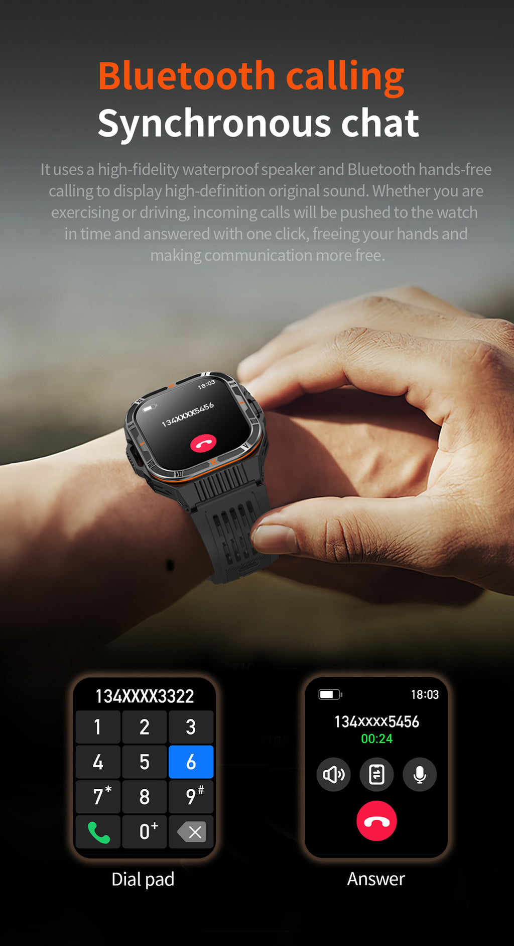 HT38Smart Watch Bluetooth Call Heart Rate Pedometer Sleep Flashlight Deep Waterproof Large Battery Three-Proof Sports