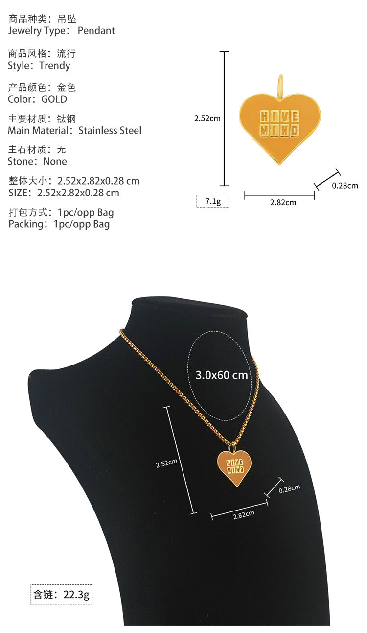 European and American Style Stainless Steel Heart-shaped Peach Heart Resin Pendant Vacuum Electroplating gold Heart-shaped Personality Titanium Steel Necklace Wholesale