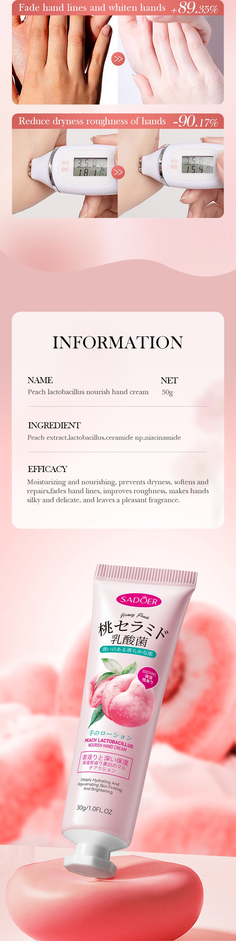 Peach Lactobacillus Hand Cream SADOER Nourishing Autumn and Winter Anti-Dry Crack Hand Cream Cross-Border Foreign Trade Wholesale