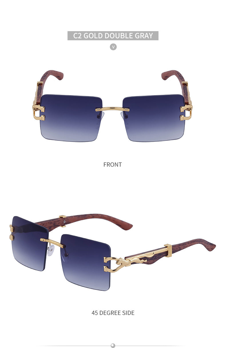 Vintage Rimless Sunglasses for Women with Leopard Wood Grain Temples, Square Frame Sunglasses for Men, Trendy Eyewear shades