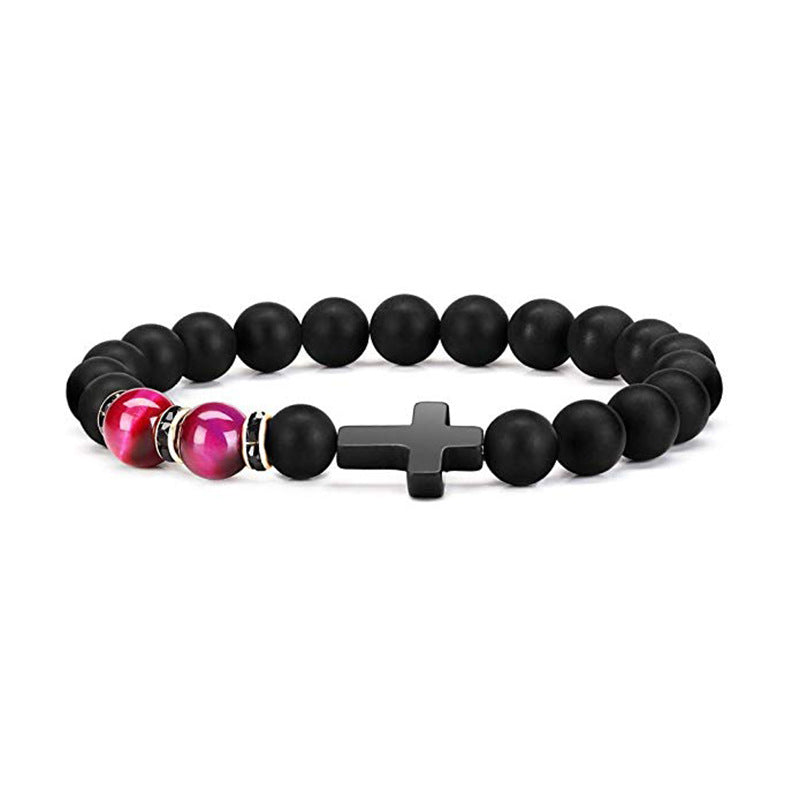 Men's Easter Bracelet Matte8mm Bead Spacer Elastic Bracelet Tiger Eye Stone Black Matte Cross Bracelet