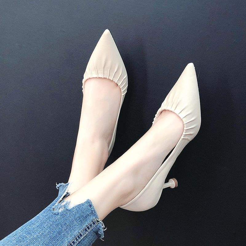 Women's High Heels2025New European Style Thin Heel Mid Heel Pointed Toe Fashion Chanel Style Single Shoes Work Leather Shoes for Women