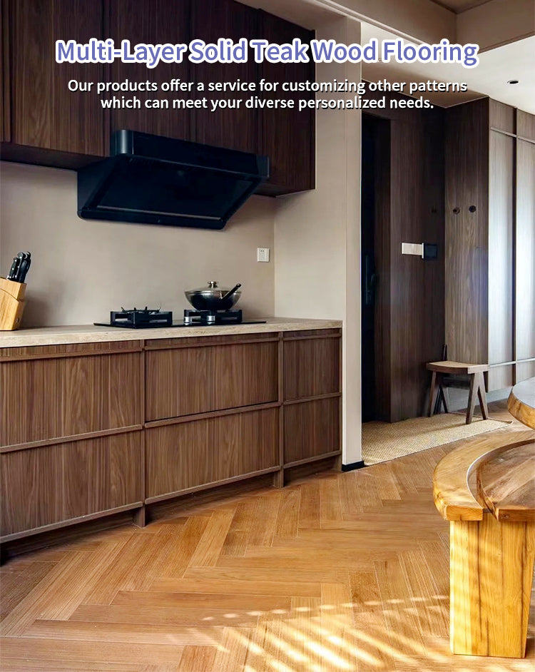 14mm Engineered Teak Herringbone Wood Flooring | Stable Construction | Custom Surface for Residential Outdoor Exterior Use |