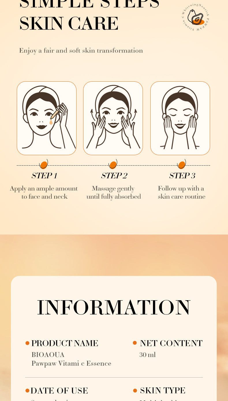 Papaya Vitamin C Essence30ml BIOAOUA Moisturizing and Hydrating Wholesale for Cross-Border Trade