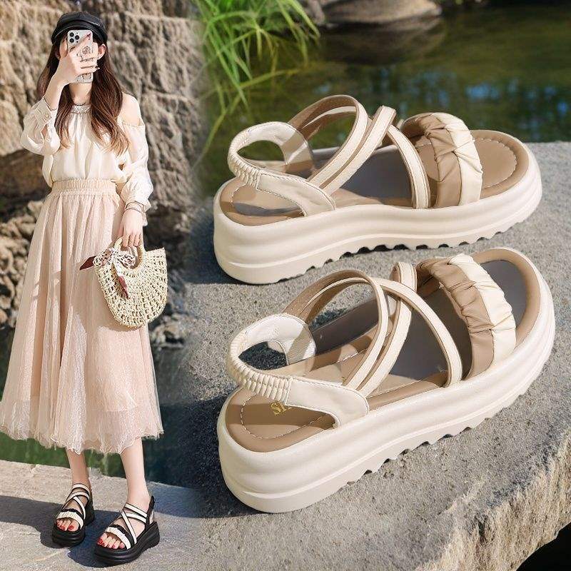 Waterproof Platform Roman Sandals for Women, Breathable Non-Slip Thick Sole Women's Shoes, Student Outdoor Casual Versatile Elastic Strap Beach Shoes