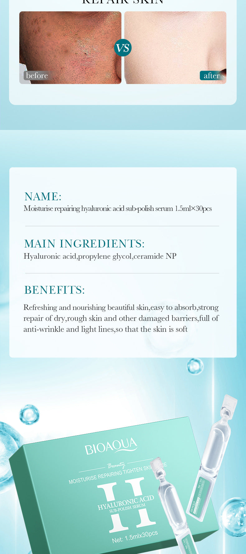 Hyaluronic Acid Moisturizing Ampoule Serum BIOAOUA Hydrating and Moisturizing Essence Liquid Cross-Border Wholesale