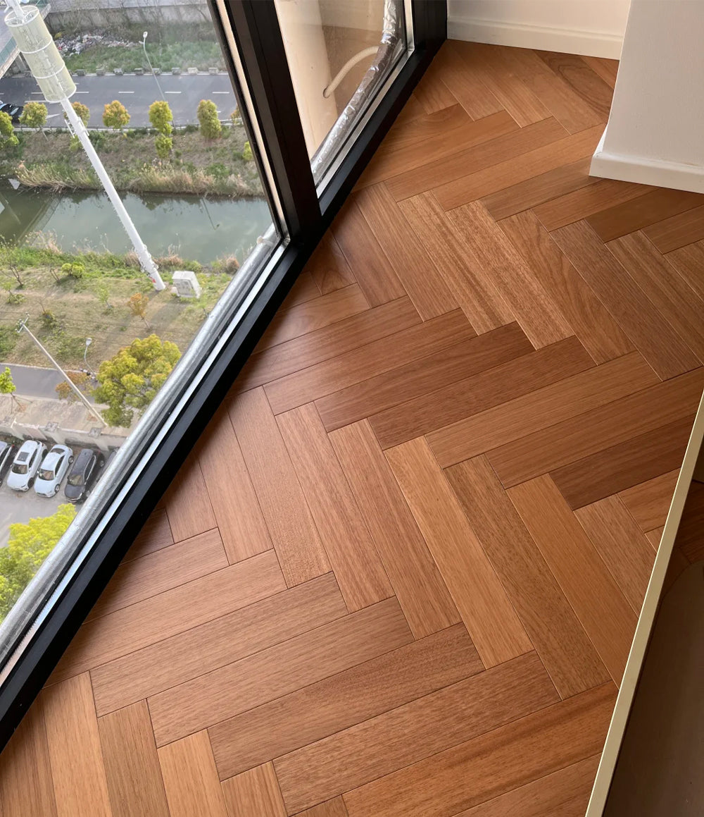 Custom AB-Grade Teak Herringbone Click-Lock Flooring Multilayer Engineered Core for Outdoor Exterior Basement Use-ENF-Certified