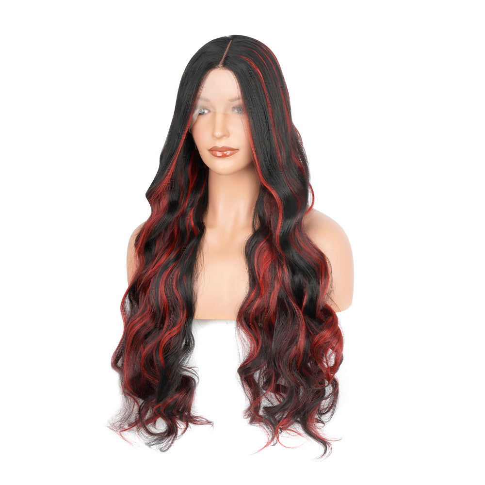 Wig for Women, Front Lace, Wavy Long Curly Hair, Red and Black Gradient Color, High-Temperature Fiber, Synthetic Hair Wig, European and American Cross-Border