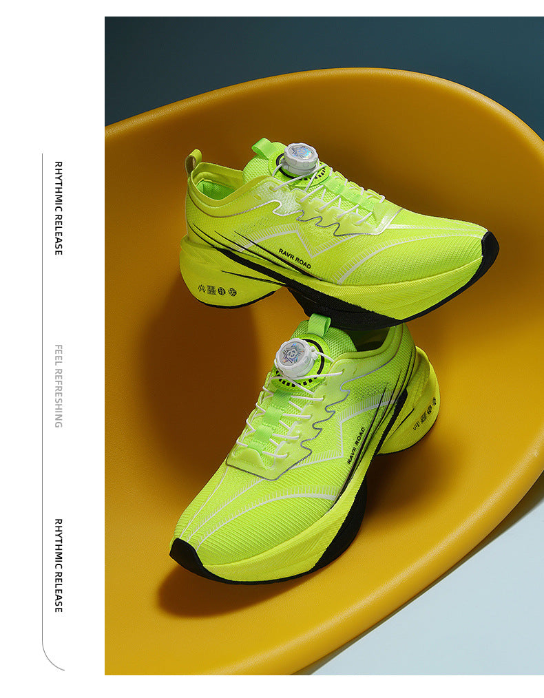 Summer New Hollow Breathable Rotating Buckle Racing Running Shoes Full Palm Carbon Plate Thick Sole Cushioning Sports Shoes