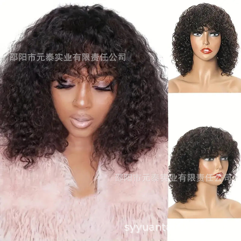 Kinky Curly  Wigs With Bangs None Lace Human Hair Wigs