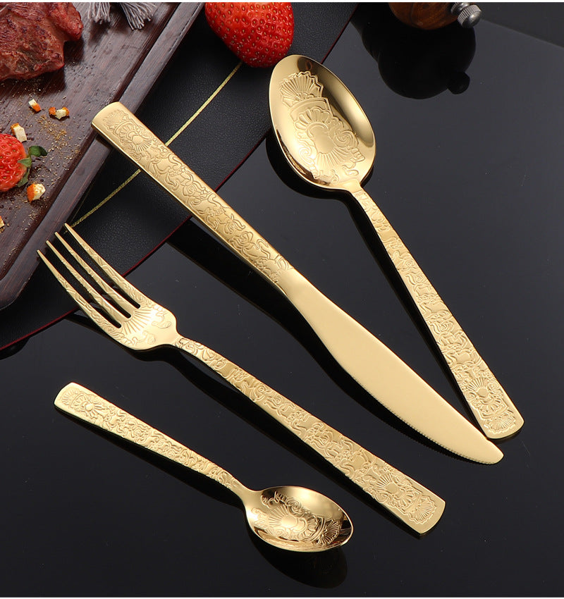 410Stainless Steel Tableware Hotel Restaurant Totem Knife Fork Spoon Set Vintage Pattern Western Steak Knife Fork